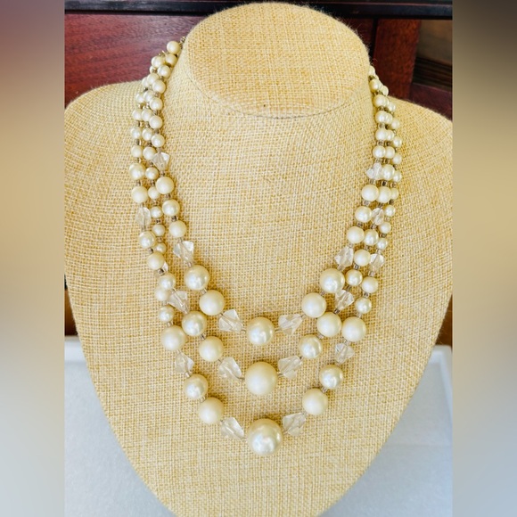 VTG Japan Faux Pearls and Crystal Glass Beads 3 Strand Necklace 16” - Picture 3 of 8